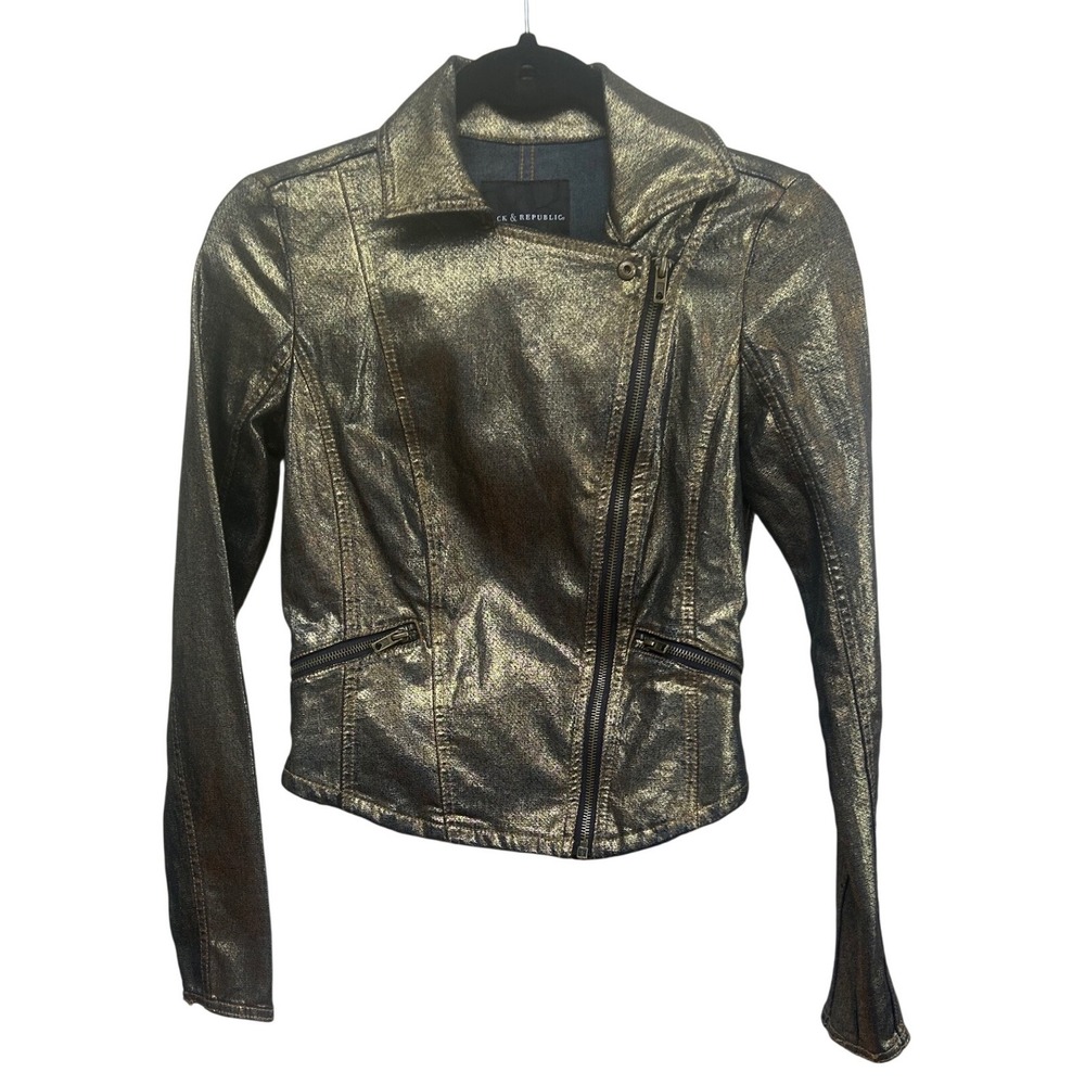 ROCK & REPUBLIC Metallic Gold Moto Jacket Womens XS Biker Faux Leather‎ Zip Up